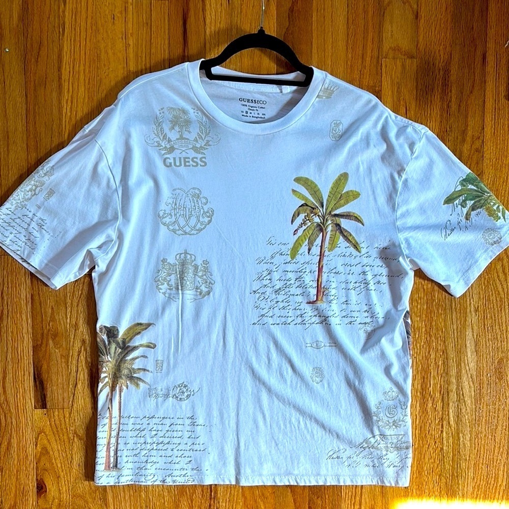 Guess White T-Shirt Men’s Graphic Design Tropical Summer Oversized Sz Small
